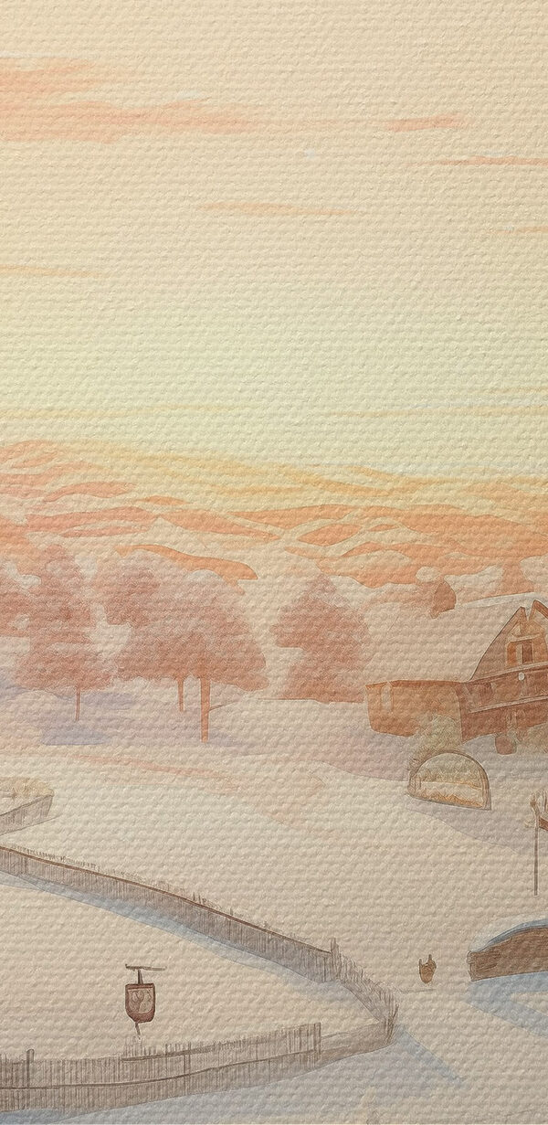 Besneeuwd dorp met bomen en een hek Besneeuwd dorp met bomen en een hek