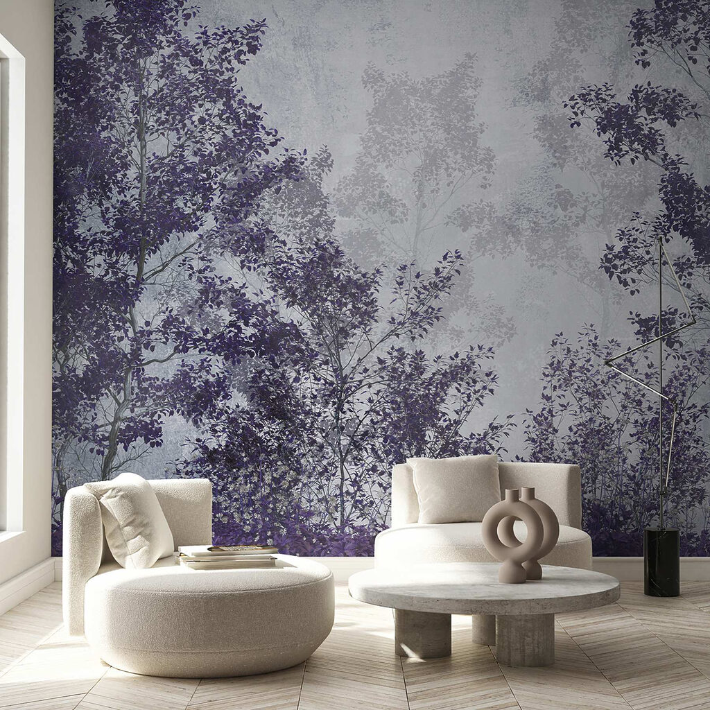 A group of trees with purple leaves