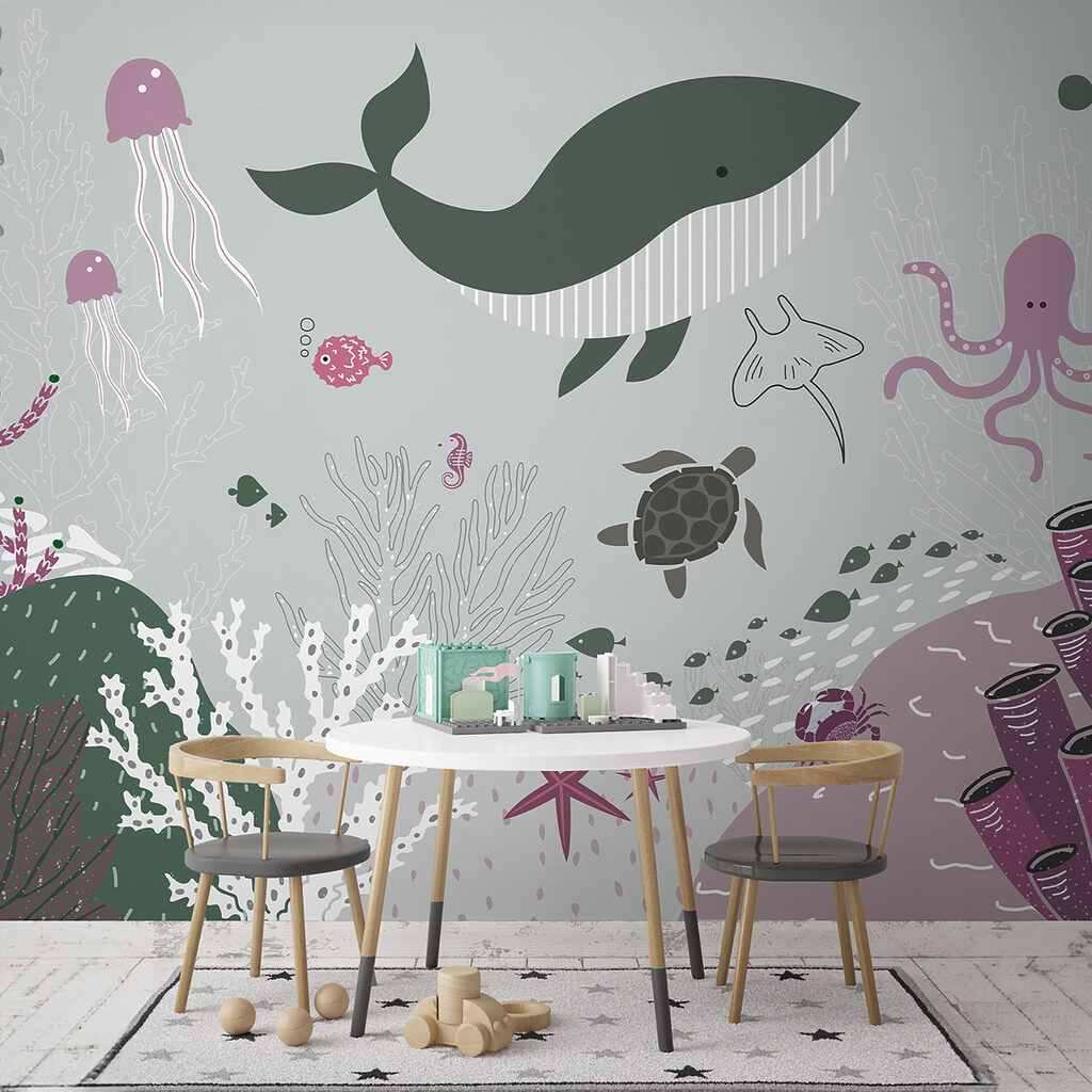 A sea life with a whale and seaweed