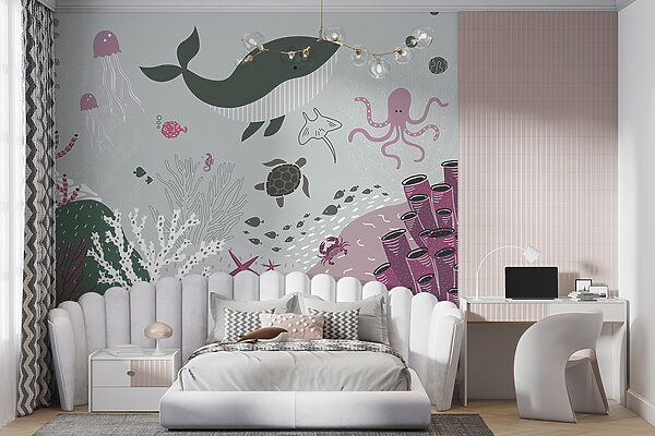 A sea life with a whale and seaweed