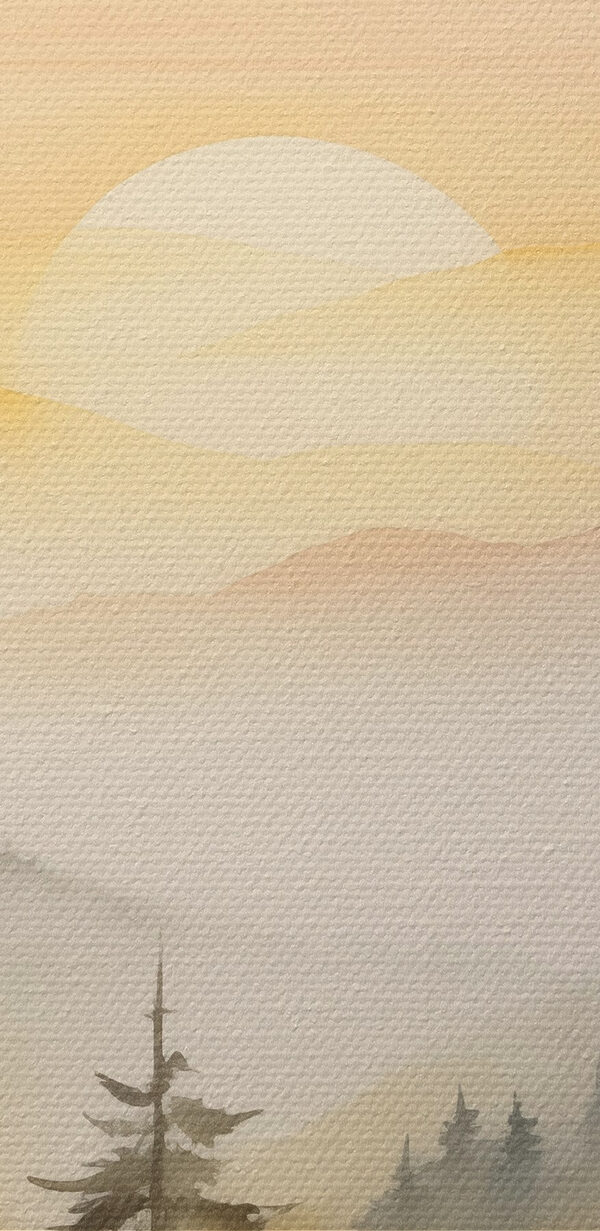 Watercolor painting of a forest and mountains