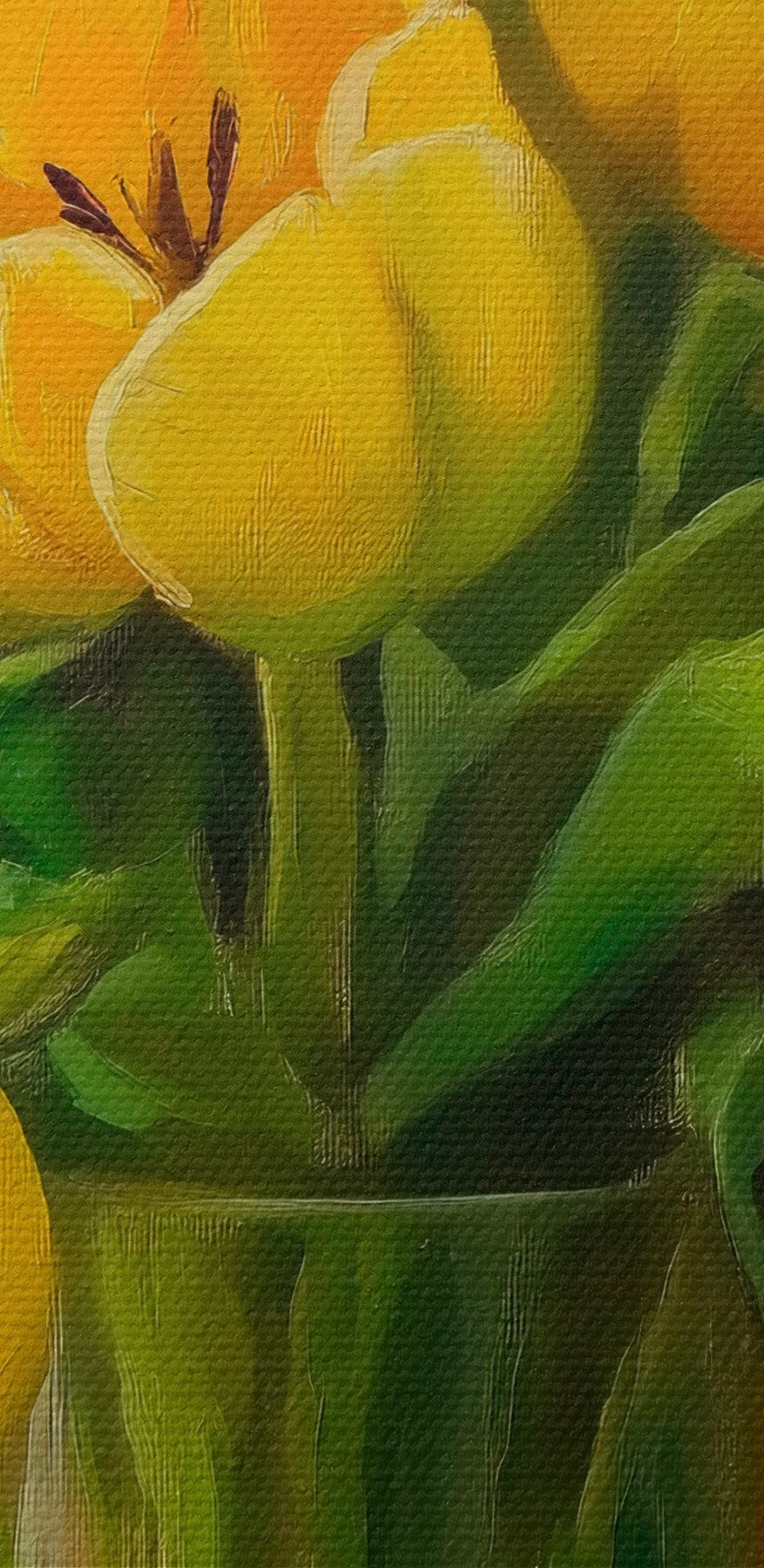 Schilderij van gele tulpen in een glazen vaas Schilderij van gele tulpen in een glazen vaas