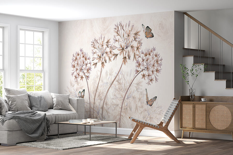 Een schilderij van bloemen en vlinders