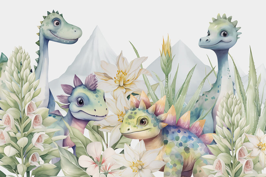 Groep dinosaurussen omringd door bloemen