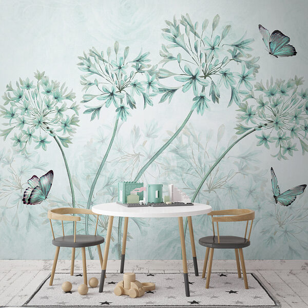 Een schilderij van bloemen en vlinders Een schilderij van bloemen en vlinders