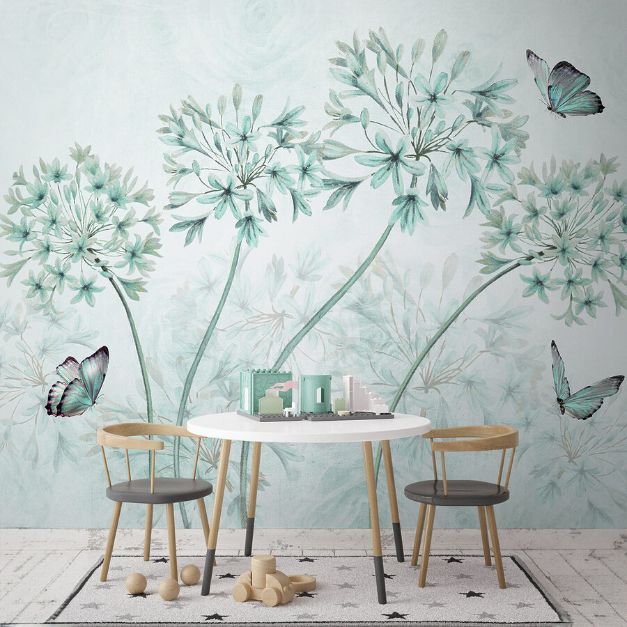 Een schilderij van bloemen en vlinders