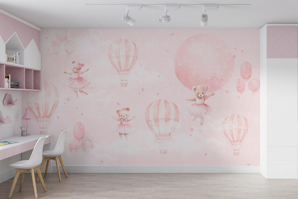 A pink background with teddy bears and hot air balloons