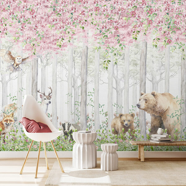 Een schilderij van dieren in het bos Een schilderij van dieren in het bos