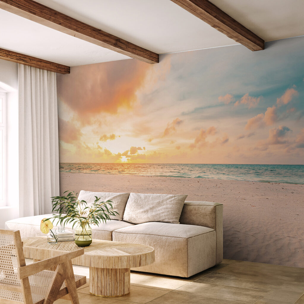 A sandy beach with waves and a sunset A sandy beach with waves and a sunset