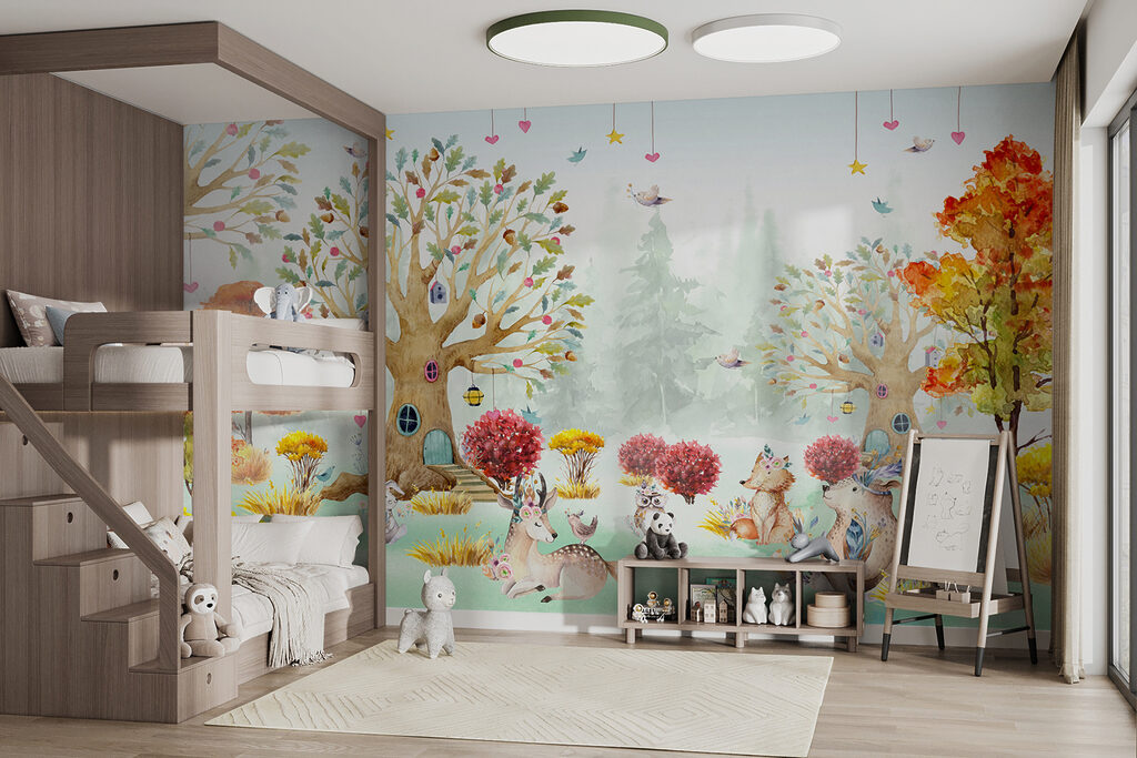 A watercolor painting of animals in a forest