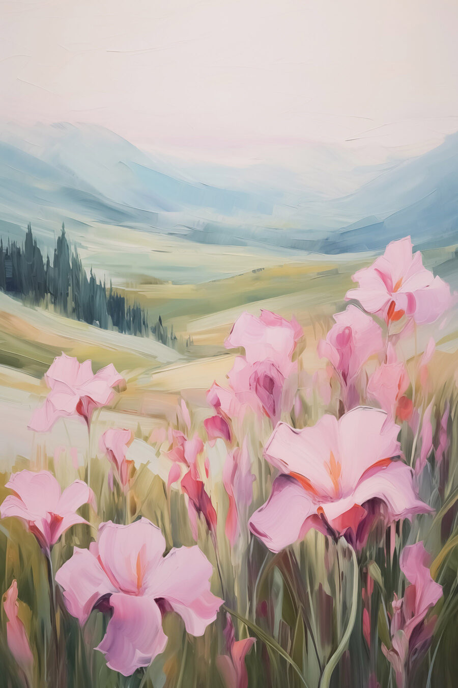 Schilderij van roze bloemen in een veld