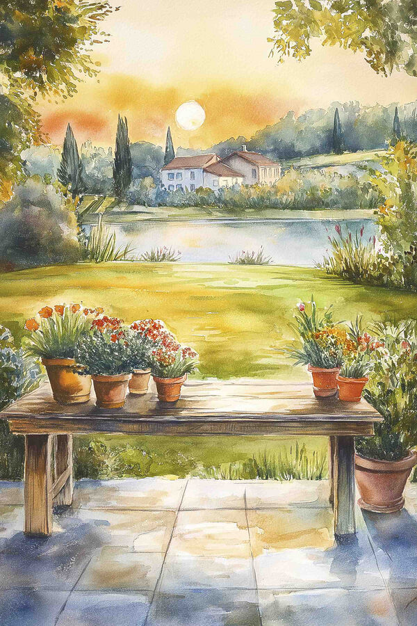 Aquarel van een tafel met potplanten erop Aquarel van een tafel met potplanten erop