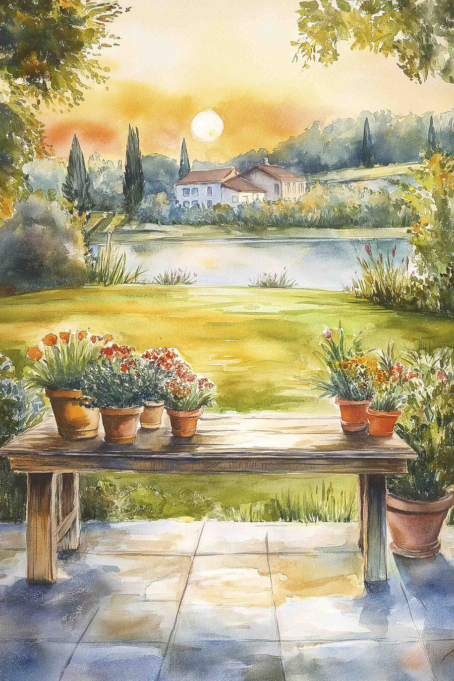 Aquarel van een tafel met potplanten erop