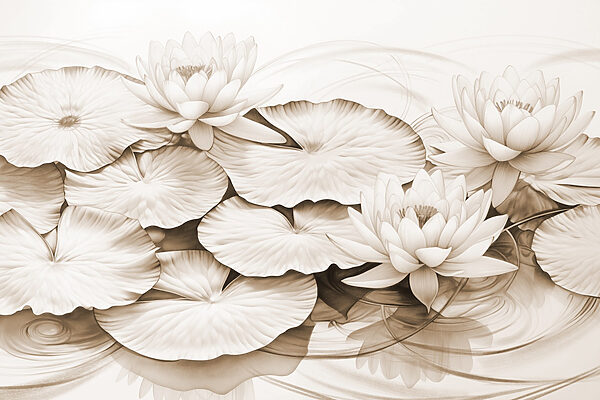 Tekening van lelieblad en waterlelies Tekening van lelieblad en waterlelies