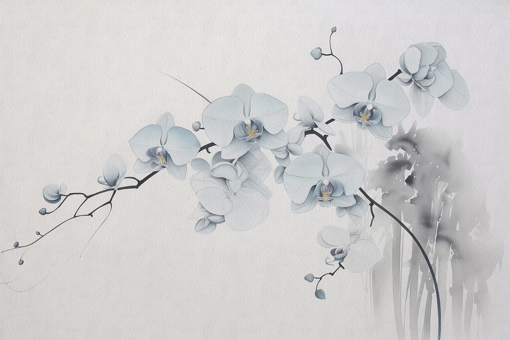 Schilderij van een tak met witte bloemen Schilderij van een tak met witte bloemen