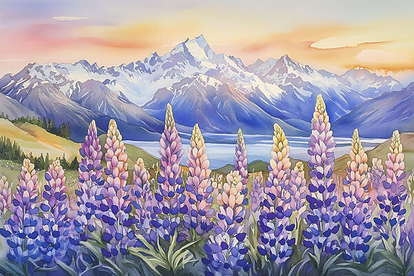 Schilderij van bloemen en bergen Schilderij van bloemen en bergen
