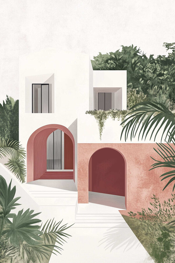 Wit en roze huis met bomen Wit en roze huis met bomen