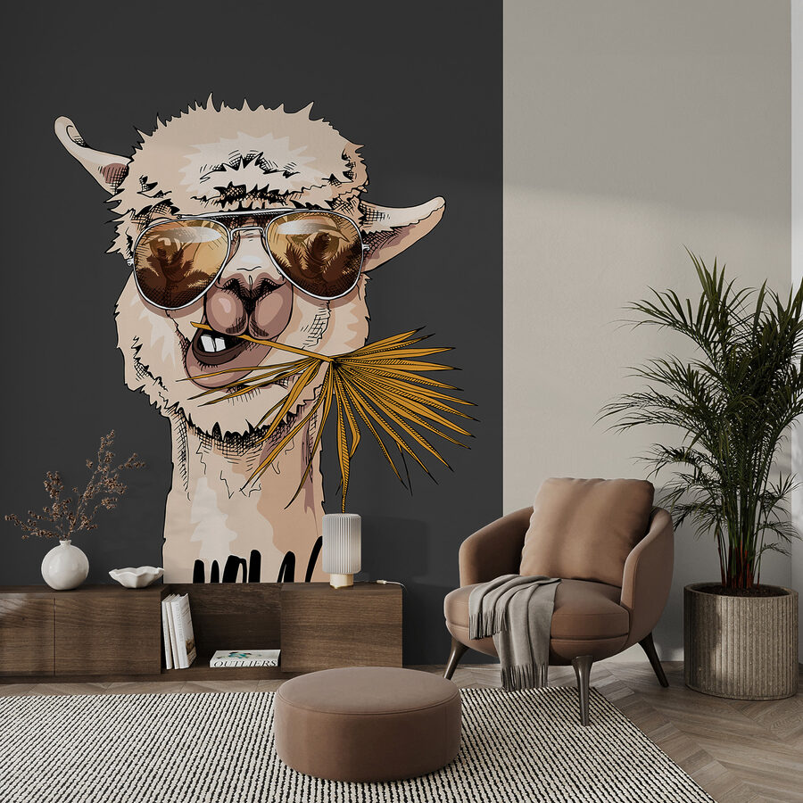 Fotobehang Een lama die een zonnebril draagt en een blad eet - Afbeelding 5