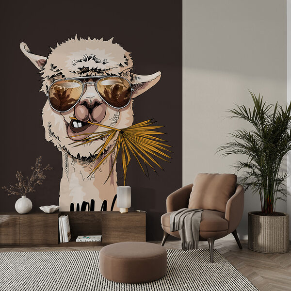 Een lama die een zonnebril draagt en een blad eet Een lama die een zonnebril draagt en een blad eet