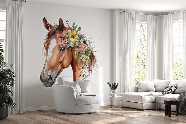 Een aquarel van een paard met bloemen op zijn hoofd Een aquarel van een paard met bloemen op zijn hoofd