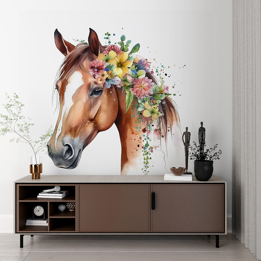 Een aquarel van een paard met bloemen op zijn hoofd Een aquarel van een paard met bloemen op zijn hoofd