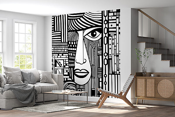 Een zwart-wit tekening van een gezicht Een zwart-wit tekening van een gezicht