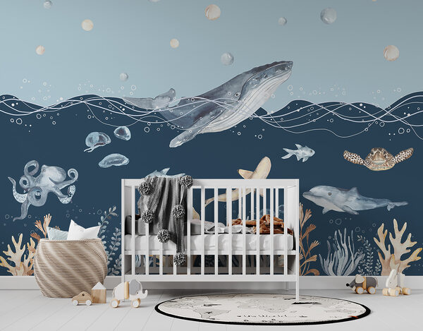 A watercolor of a whale and fish A watercolor of a whale and fish