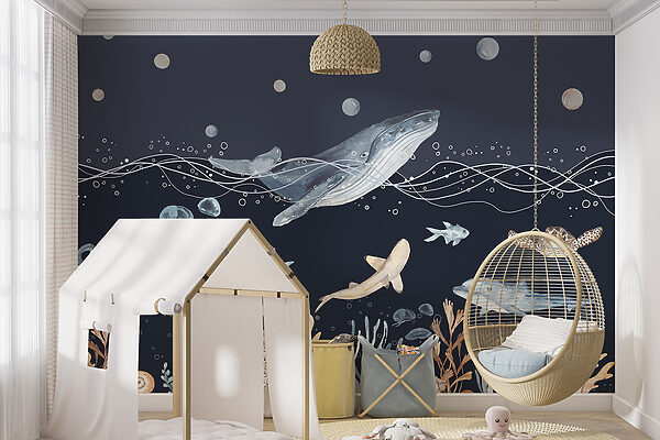 Een aquarel van een walvis en vis Een aquarel van een walvis en vis