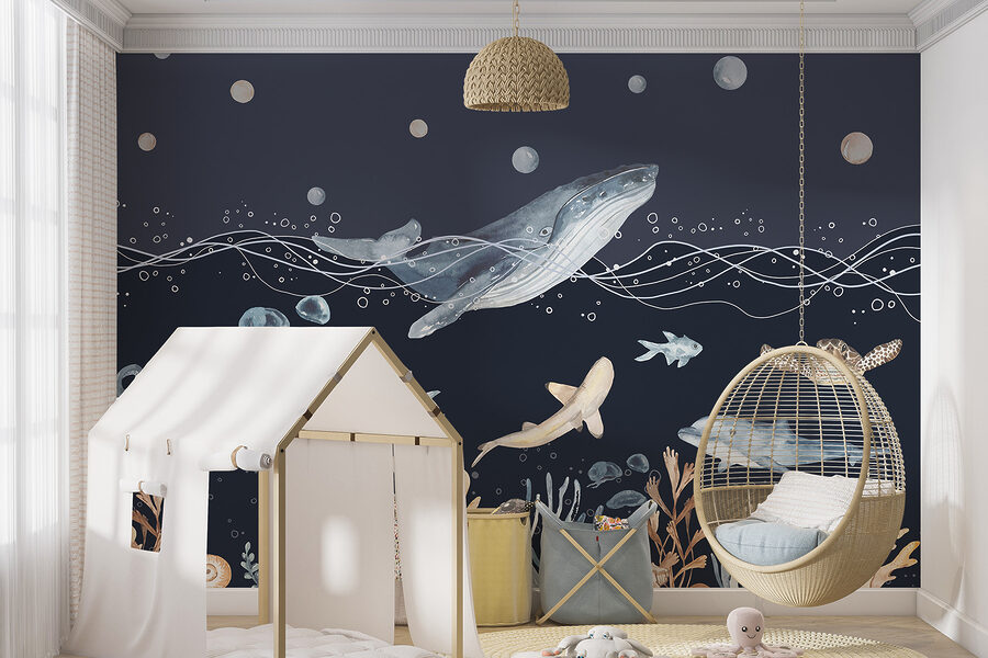 Een aquarel van een walvis en vis