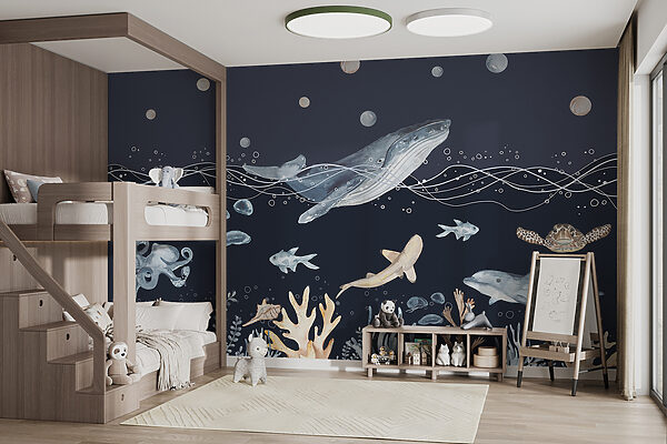 Een aquarel van een walvis en vis Een aquarel van een walvis en vis