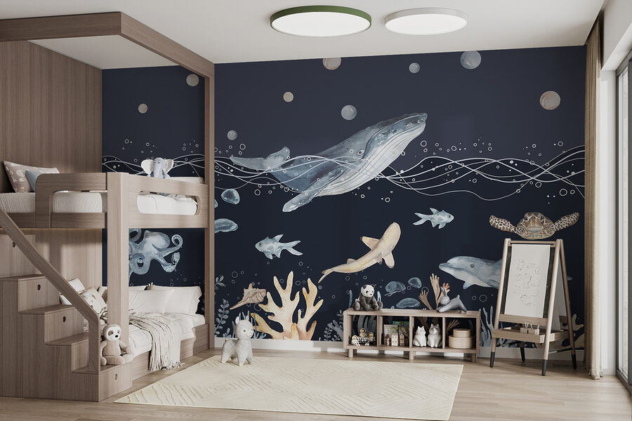 Een aquarel van een walvis en vis
