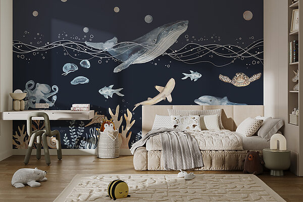 Een aquarel van een walvis en vis Een aquarel van een walvis en vis
