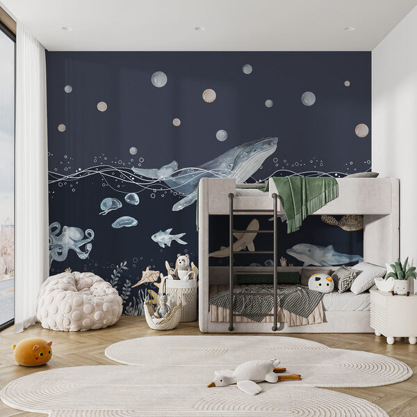 Een aquarel van een walvis en vis Een aquarel van een walvis en vis