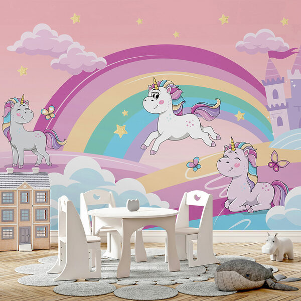 Een cartoon eenhoorns en een regenboog Een cartoon eenhoorns en een regenboog