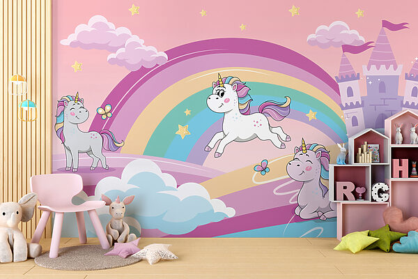 Een cartoon eenhoorns en een regenboog Een cartoon eenhoorns en een regenboog