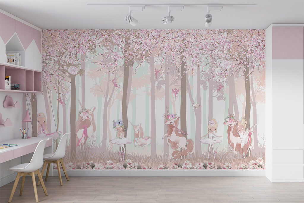 A wallpaper with a group of unicorns and fairies