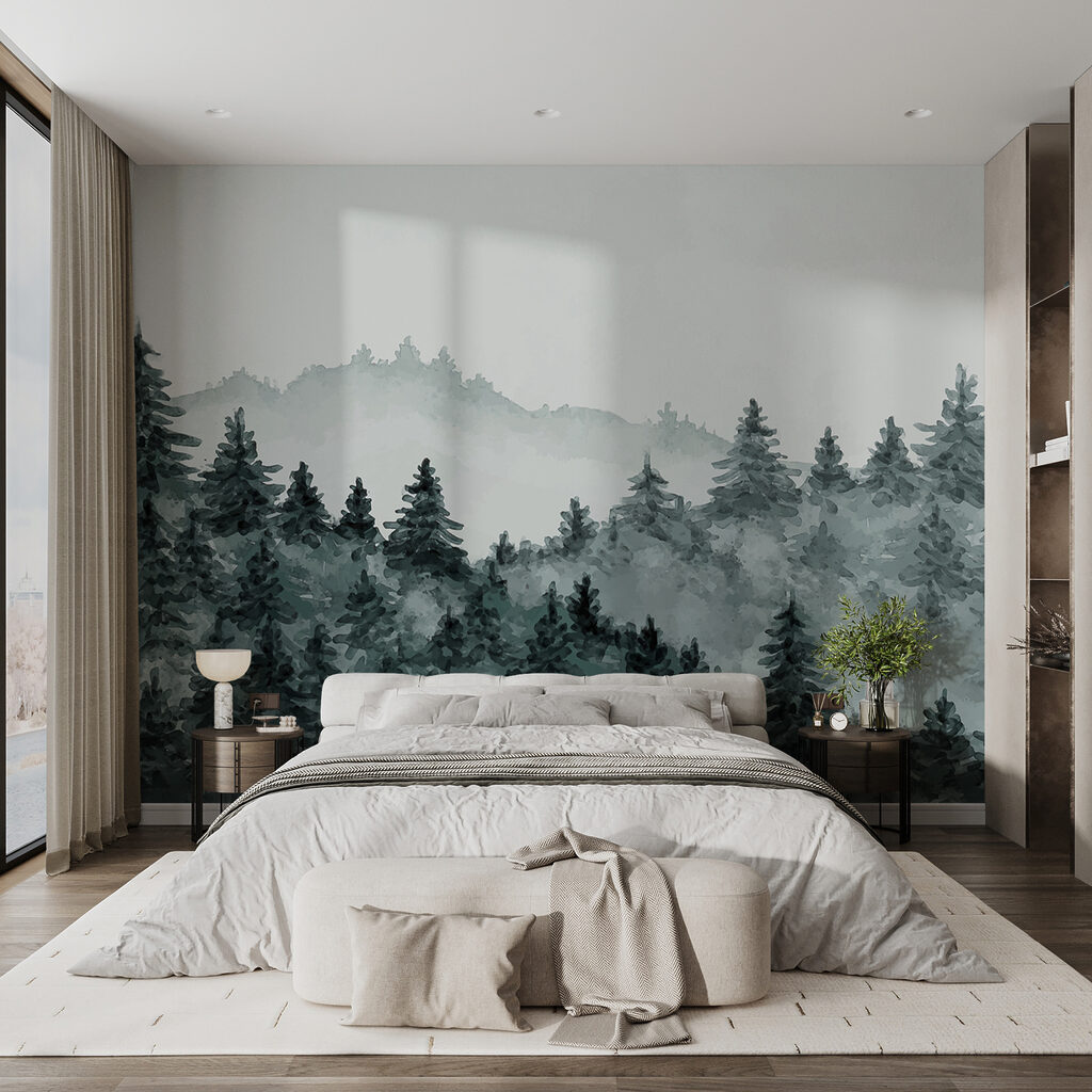 A foggy forest with trees