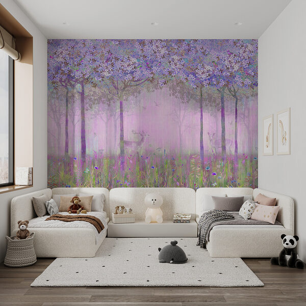 Een schilderij van een bos met bloemen Een schilderij van een bos met bloemen