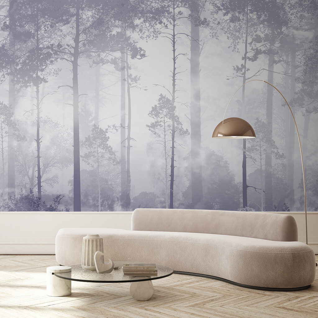 A foggy forest with tall trees