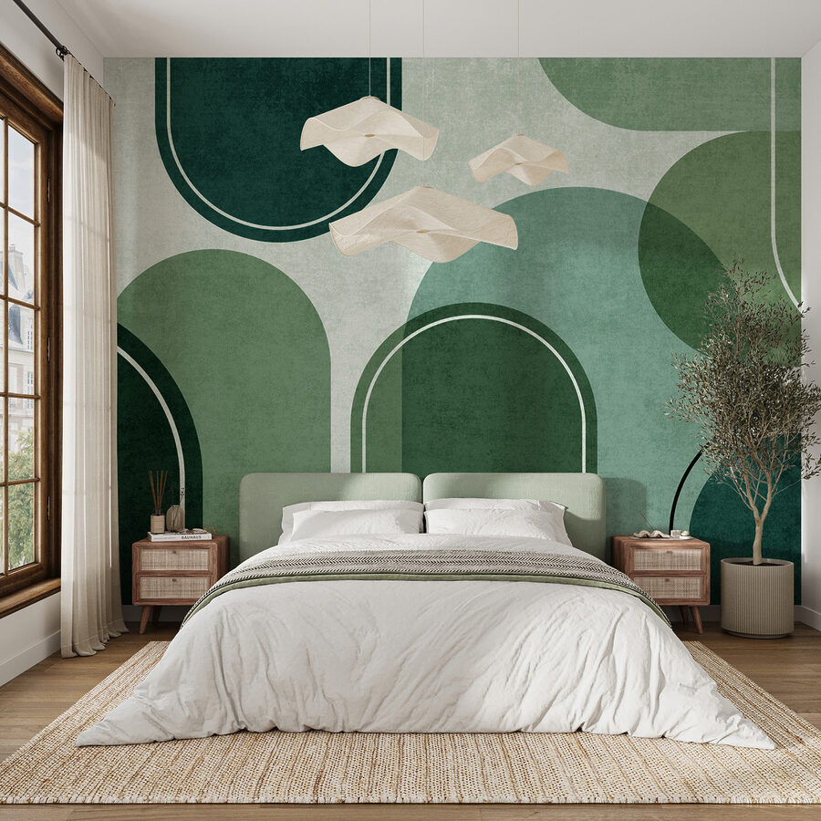 Fotobehang Een groene en witte achtergrond met ovalen en ovalen - Afbeelding 2