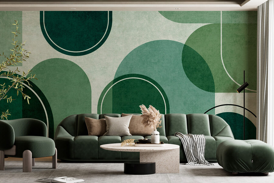 Fotobehang Een groene en witte achtergrond met ovalen en ovalen - Afbeelding 3