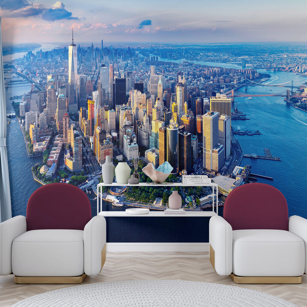 A city with many tall buildings and a body of water