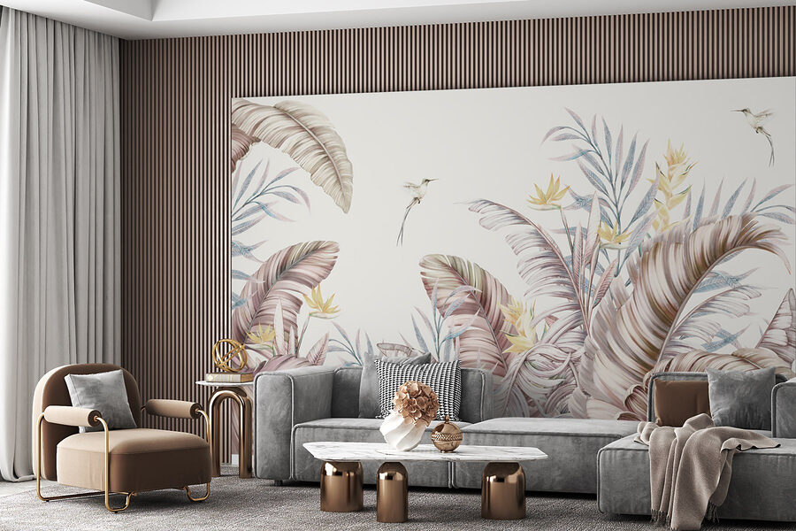 Een schilderij van tropische planten en vogels Een schilderij van tropische planten en vogels