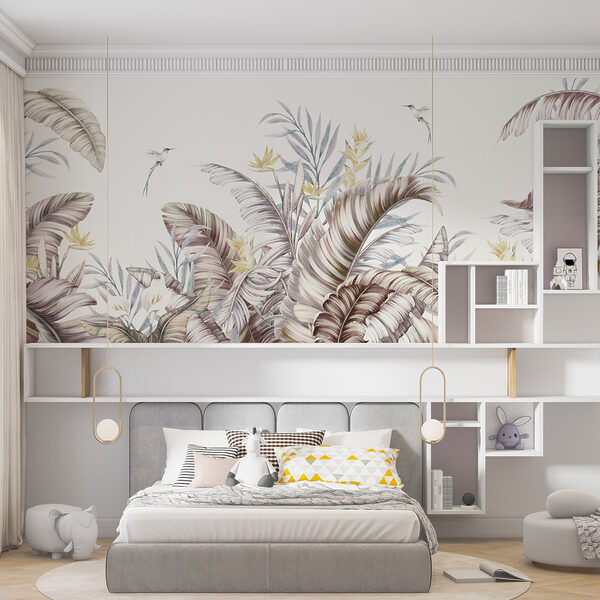 Een schilderij van tropische planten en vogels Een schilderij van tropische planten en vogels