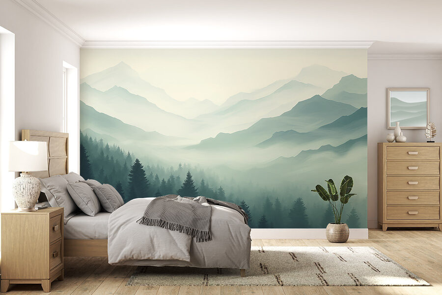 Mistig berglandschap met bomen