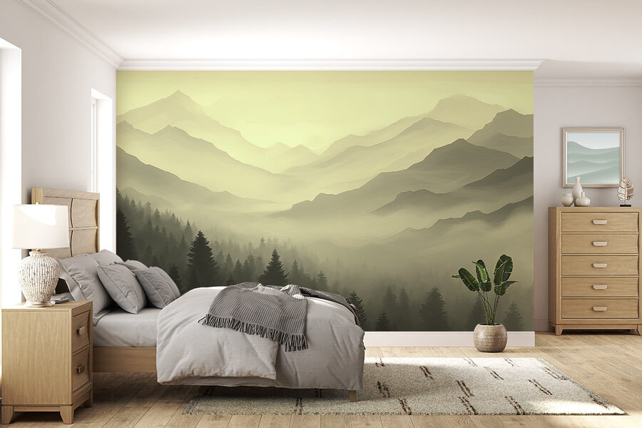Mistig berglandschap met bomen