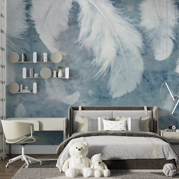 Witte veren op een blauw oppervlak Witte veren op een blauw oppervlak