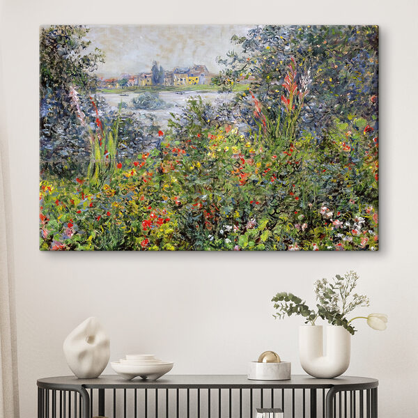 Een schilderij van een tuin met bloemen en bomen Een schilderij van een tuin met bloemen en bomen