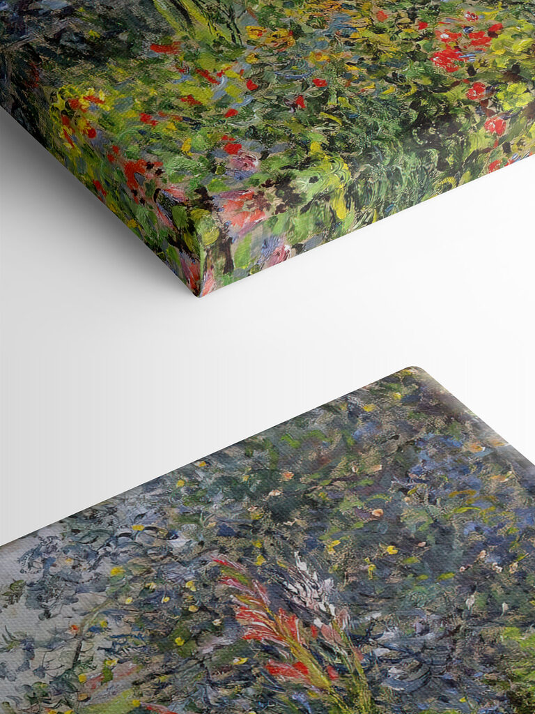 A painting of a garden with flowers and trees A painting of a garden with flowers and trees