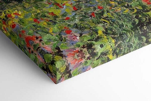Een schilderij van een tuin met bloemen en bomen Een schilderij van een tuin met bloemen en bomen